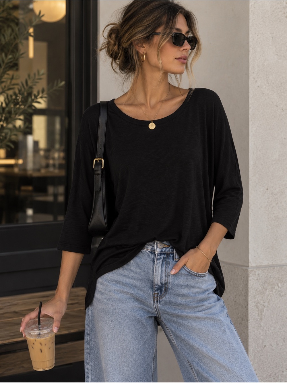 Black Cotton Slub 3/4 Sleeve Tee XXL